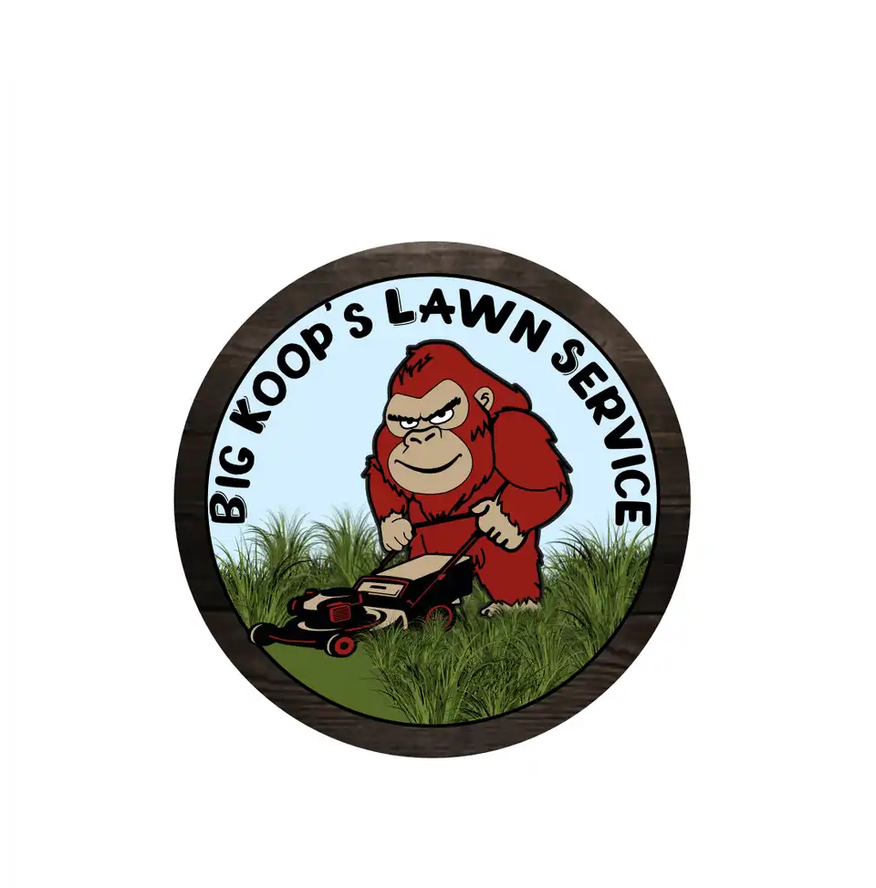 Big Koop's logo design. A bigfoot with red hair is pushing a lawn mower. Design by 1014designs.com Professional Lawn Service in Montgomery, 